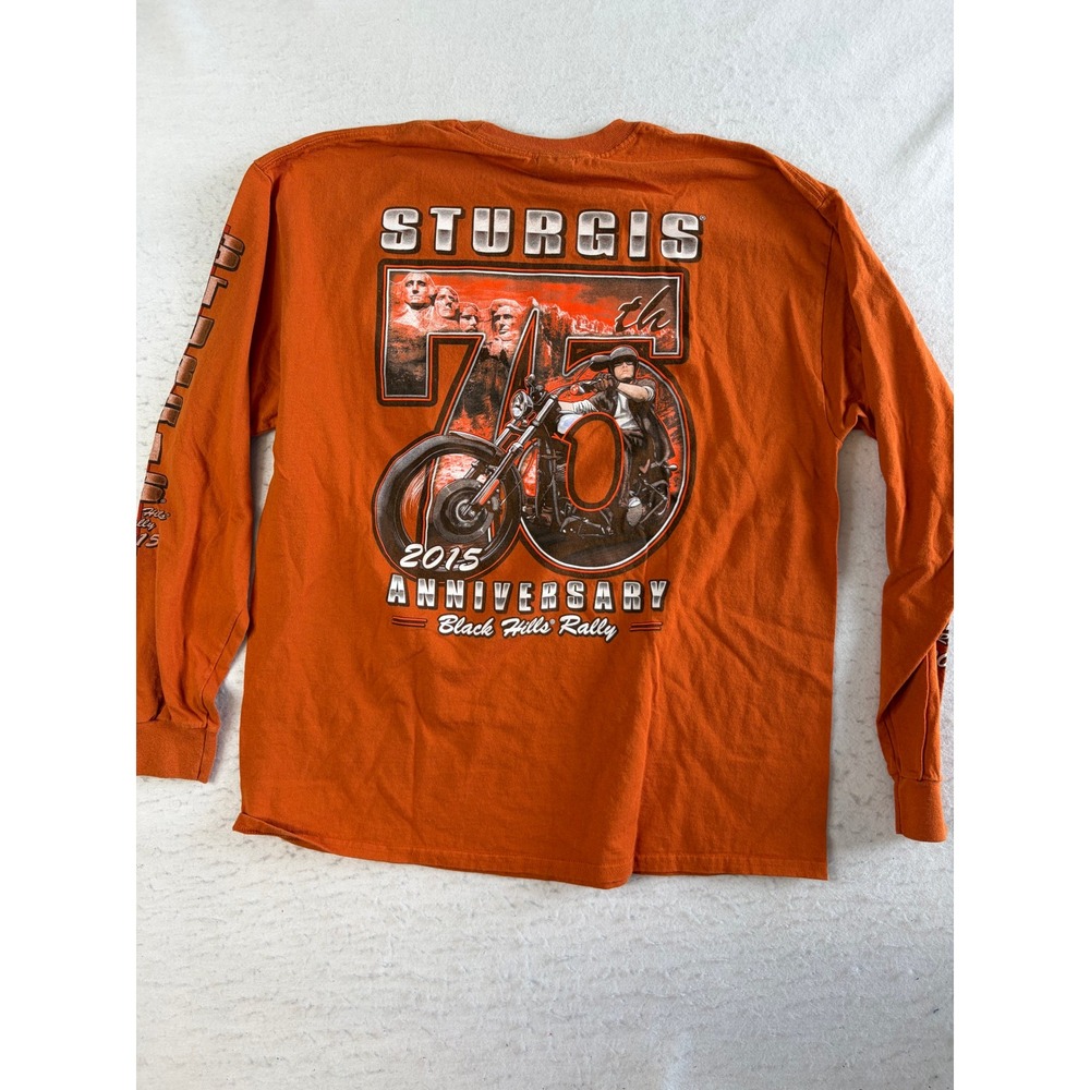Gildan Long Sleeve T-Shirt Mens XL Orange Sturgis 75th Anniversary 2015 Graphic